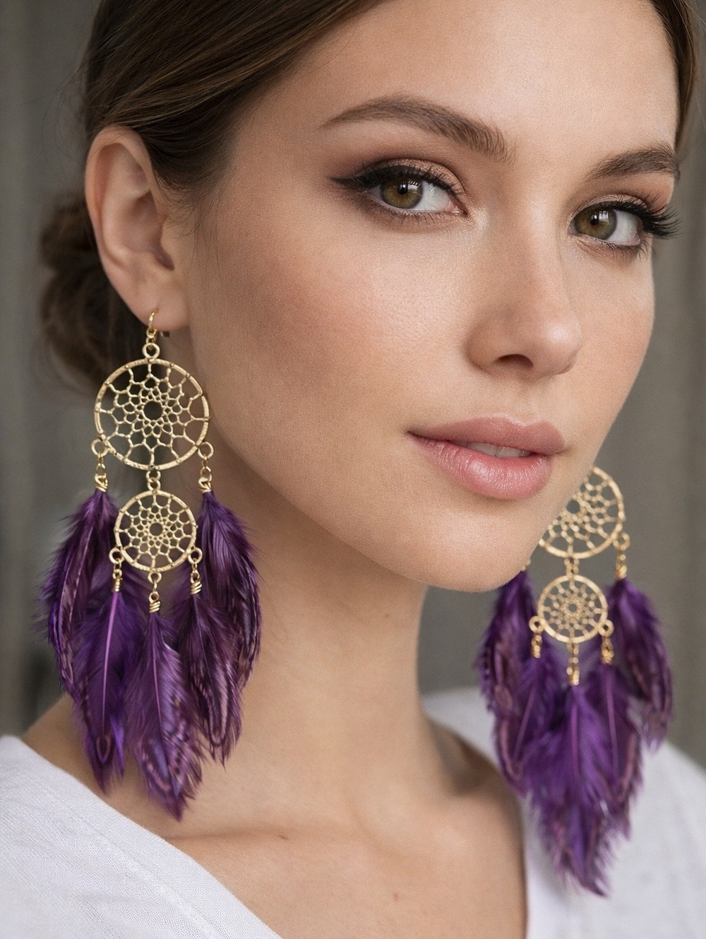 Purple Feather Dreamcatcher Earrings – Handmade Boho Chic Gift for Her 254 - Picture 2 of 7